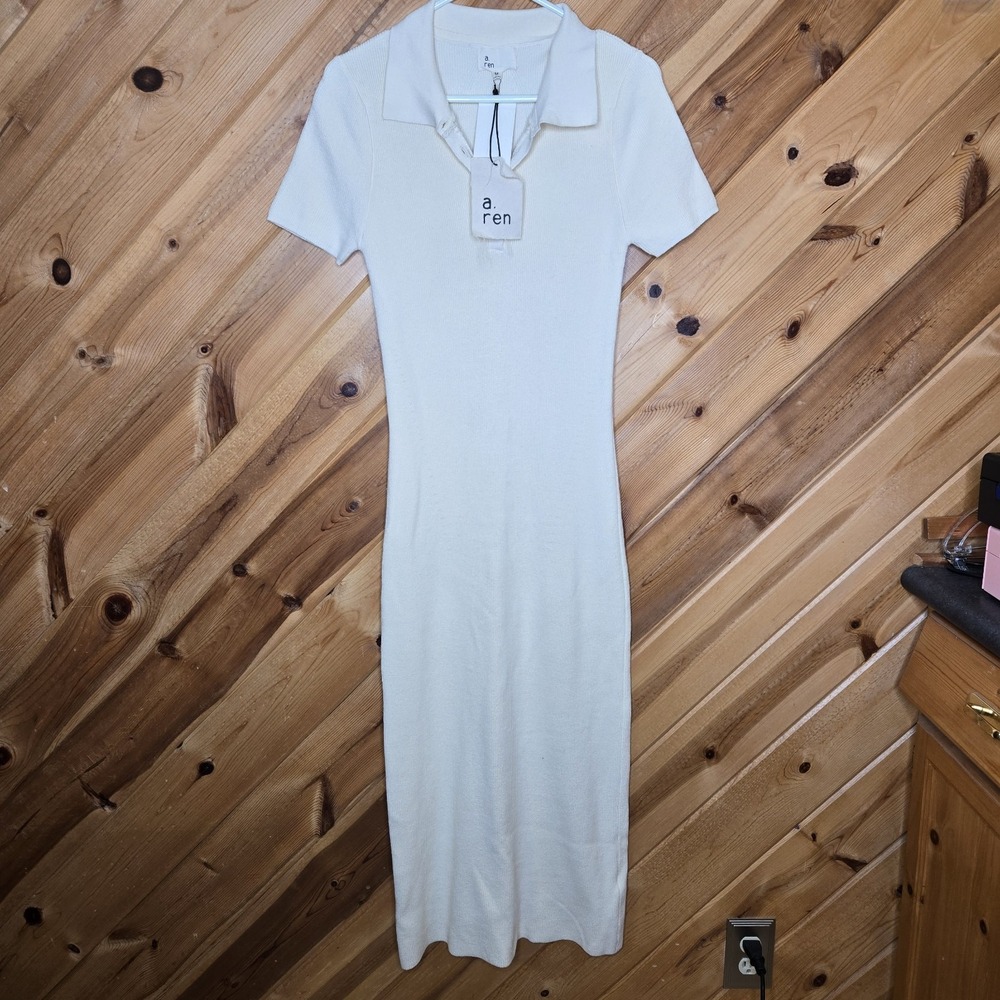 NWT a. ren Womens Ribbed Ivory Maxi Dress Collar V Neck Sz Med